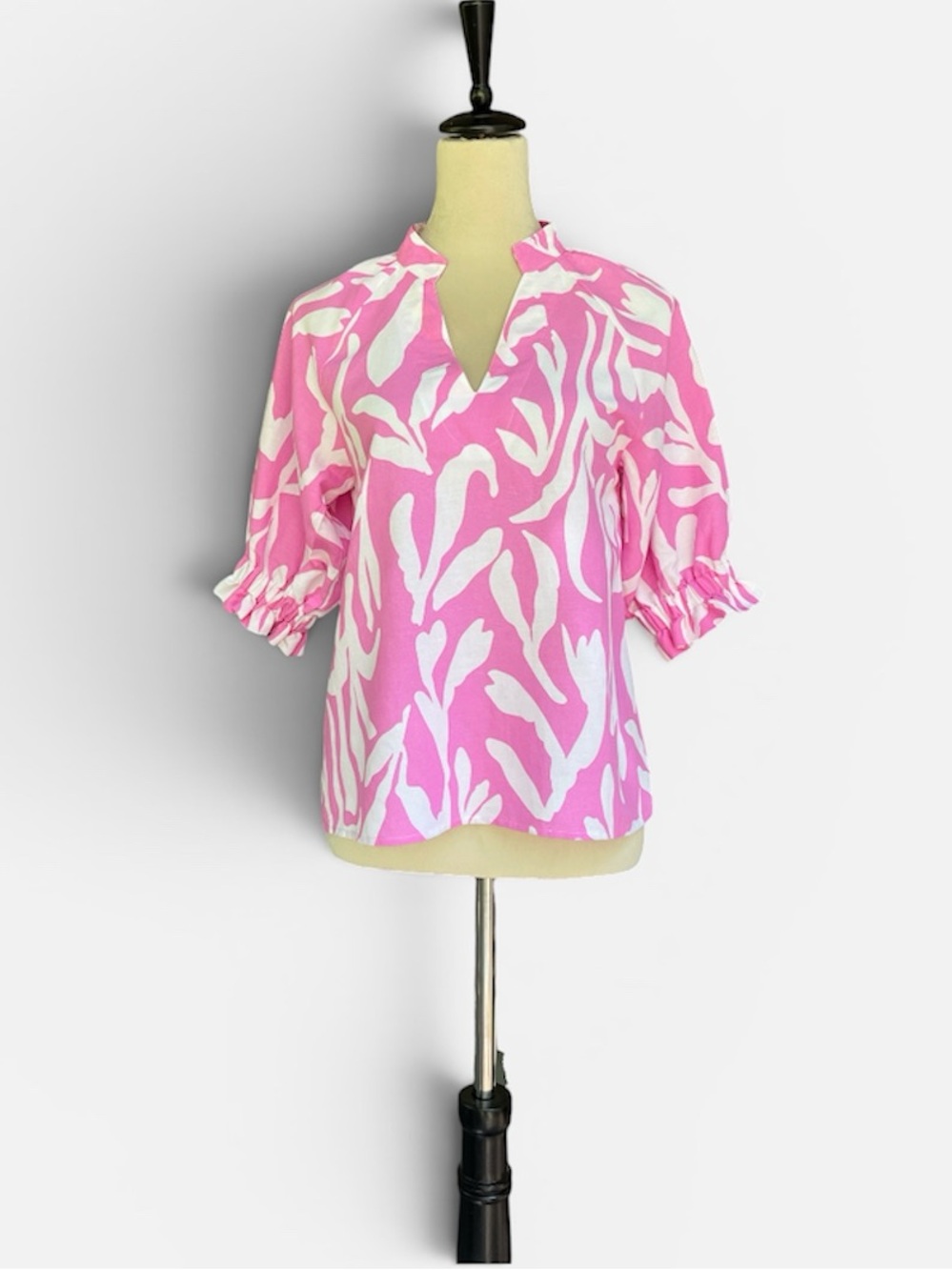 Anthropologie THML Abstract Puff-Sleeve Blouse in Pink & White Sz XS